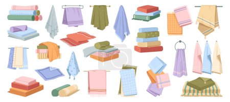 Illustration for Textile for wiping face and hands, isolated soft towels folded or rolled, placed in pile or hanged on ring. Vector bathroom and kitchen fabric for cleaning, hygiene and spa or beach design - Royalty Free Image