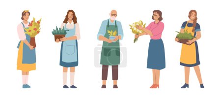 Illustration for Owners or sellers from flower shop. Vector flat cartoon characters from florist store holding bouquets in hands. People with floral composition, potted plant for home or garden exterior - Royalty Free Image
