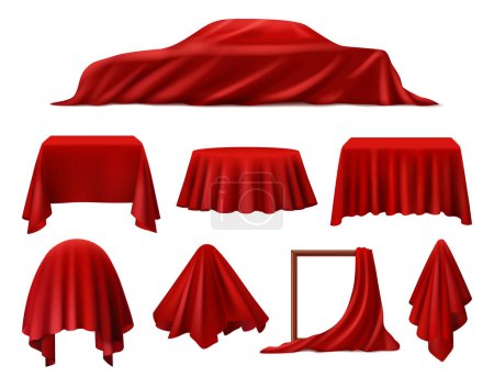 Illustration for Red drapery or silk fabric hiding object or empty frame. Vector isolated reveal cloth for surprise or gift, magic trick. Wrinkled elegant cover, curtain or napkin, tablecloth with secret on podium - Royalty Free Image