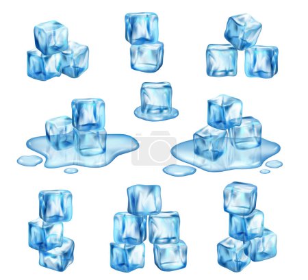 Téléchargez les illustrations : Cubes de glace fondus et congelés avec gouttes d'eau et flaques d'eau. Vector isolé blocs glacés réalistes pour les boissons, gel liquide pur. Congeler l'aqua avec une texture propre, glace transparente cristalline - en licence libre de droit