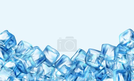 Illustration for Realistic icy square blocks stacked, pile of frozen water pieces. Vector background with copy space, banner with crystal clear transparent icicles. Frame for advertising or commercials ad - Royalty Free Image