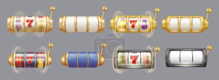 Illustration for Casino slot machine with jackpot and seven number. Vector isolated retro empty cells and spinning golden roulette with signs. Winning and gambling entertainment, playing game for fortune - Royalty Free Image