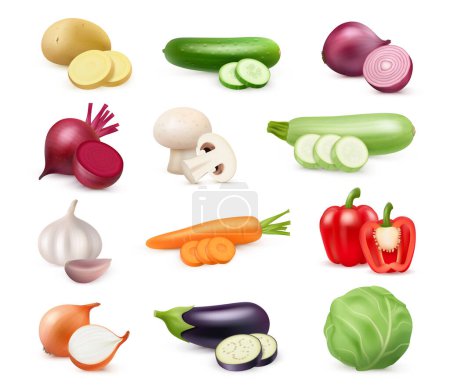Illustration for Vegetables cut for cooking, isolated realistic ingredients for dish preparation. Vector beetroot and potato, cucumber and onion, mushroom and zucchini, garlic clove and aubergine, paprika - Royalty Free Image