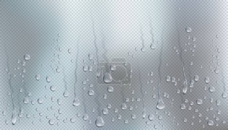 Ilustración de Condensación en la ventana o superficie borrosa. Vector de vapor a través de vidrio de ventana en la ducha. Gotas y rastros, salpicaduras de streaming y condensado realista húmedo sobre material transparente, fondo transparente - Imagen libre de derechos