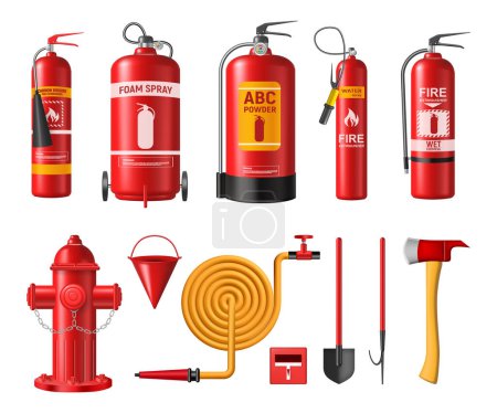 Illustration for Firefighter realistic equipment for urgency and work, putting out fire. Vector isolated extinguisher tank with foam spray, water hydrant and bucket, shovel and hook, ax for rescuing people - Royalty Free Image