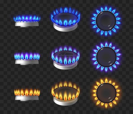 Illustration for Gas burner with flames, cooktop hob. Glowing fire ring on kitchen stove burning propane butane in oven for cooking. Vector isolated appliance with fire for preparing food, transparent background - Royalty Free Image