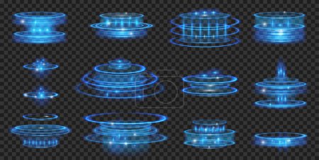 Illustration for Hud elements for UI, GUI, app. Vector isolated futuristic podiums or portals. Pedestals hologram with blue glowing lights. Stage in cyberpunk style for show product, transparent background - Royalty Free Image