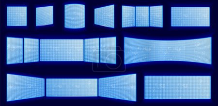 Téléchargez les illustrations : Écran LCD avec néons lumineux. Projection horizontale de paysage d'écran LED isolé vectoriel. Panneau de score numérique avec lampes à diode pour stade, décoration de boîte de nuit, panneau de télévision pour mur - en licence libre de droit