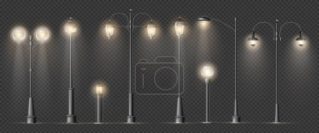 Illustration for Classic and modern lights on column for town and city streets. Vector isolated lamps with glowing illumination on road or sidewalk. Lanterns on metal posts, old lighting for nights and evenings - Royalty Free Image