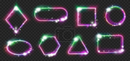 Illustration for Neon frames with radiance effects, highlights and sparkles. Vector isolated magic empty borders of geometric shapes. Triangle and rhombus, square and rectangle, circle and oval figure glowing - Royalty Free Image