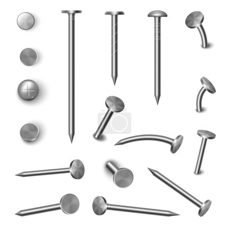 Illustration for Hammered steel and iron curved nail pins and heads. Vector isolated straight and bent element for construction and building. Realistic metallic hardware and industrial equipment, top view - Royalty Free Image