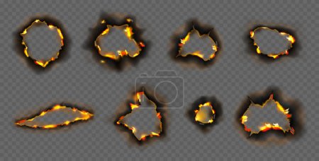 Illustration for Burn paper fire with realistic charred edges. Vector holes on sheet, realistic page effect with ashes from flames. Torn borders and ripped frames with copy space, empty shapes with texture - Royalty Free Image