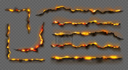 Illustration for Burnt paper edges with fire and black ash. Vector isolated elements of borders and frames from scorched and smoldering sheets. Torn grungy texture on transparent background, holes on page - Royalty Free Image