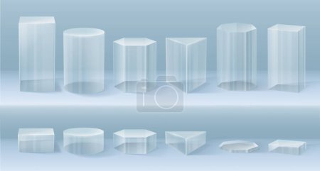 Illustration for Clear stand podium, isolated display boxes for store or shop. Vector crystal pedestal for presentation or showcase, museum expo or exhibition. Plastic realistic cylinder or cube, side view - Royalty Free Image