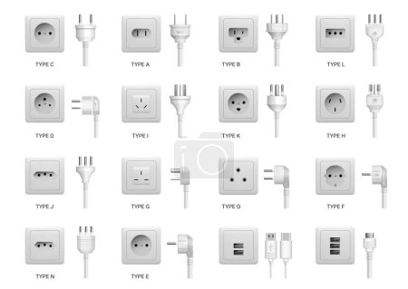 Illustration for Electric power sockets with different types of plug cord. Vector isolated type C and A, B and L, usb standard ports for devices charging and appliances, electronic equipment connectors - Royalty Free Image
