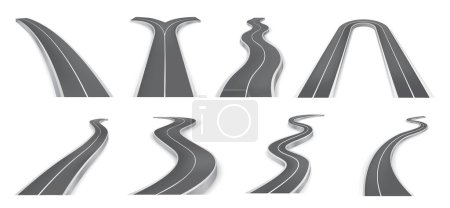 Illustration for Winding asphalt highway with two lane ways for drivers of vehicles. Vector isolated pathways for traveling, realistic curve roads going into distance. Street for race, bending route with marking - Royalty Free Image