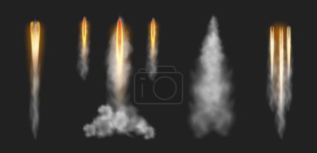 Ilustración de Huella humeante y efecto ráfaga de fuego desde el lanzamiento de cohetes. Vector aislado despegando naves espaciales o naves espaciales, vapor o luz de misiles. Meteorito o rastros de cometa en el cielo. Gas o humo del jet o lanzadera - Imagen libre de derechos