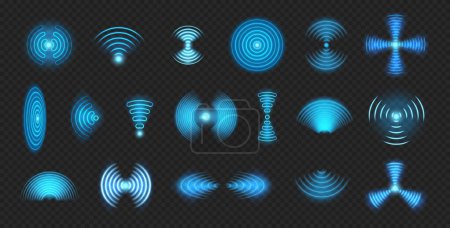 Illustration for Wireless sensor signal or network connection sign with neon glow. Vector isolated digital radar or sonar, sound wave of round shape. Wifi technology, monitoring and electronic protection - Royalty Free Image