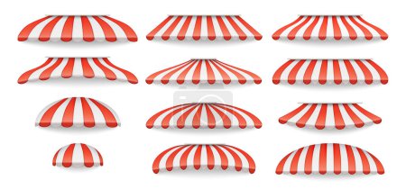 Illustration for Striped red sunshade awning for shop, cafe or restaurant. Vector isolated summer store tent with stripes. Umbrella for table, parasol for outdoors hiding from sun. Canopy roof for market - Royalty Free Image