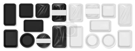 Empty styrofoam containers with transparent film wrapper. Vector isolated realistic boxes for food, plastic trays of rectangle, square and round shape. Blank packaging with cellophane for meal