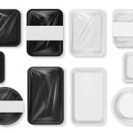 Empty styrofoam containers with transparent film wrapper. Vector isolated realistic boxes for food, plastic trays of rectangle, square and round shape. Blank packaging with cellophane for meal