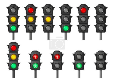 Illustration for Traffic light with three signals color. Vector isolated semaphore road regulation for drivers. Realistic stoplight signaling devices for road intersections, pedestrian crossings, city street - Royalty Free Image