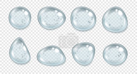 Illustration for Clear serum drops with air bubbles isolated on transparent background. Vector isolated droplets of round shape, realistic dew or raindrops, pure aqua. Liquid on surface, condensate or gel - Royalty Free Image