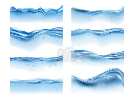 Illustration for Water splashes and drops on surface with bubbles of air. Vector isolated realistic liquid with droplets, wave and motion against glass. Fluid in container side view, beverage or pure aqua - Royalty Free Image