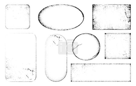 Illustration for Worn and faded paper frames, isolated oval and square, circle and rectangle. Vector realistic stickers with grainy texture on corners and sides. Aged and rough dirty surface of pages or stamps - Royalty Free Image