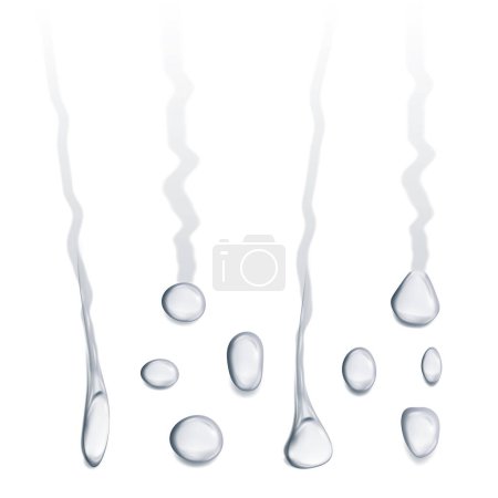 Illustration for Rain drops on glass or flat surface. Vector dripping droplets with trace flowing down. Liquid or condensate, realistic aqua or steam in shower. Clear splashing bubbles falling raindrops - Royalty Free Image