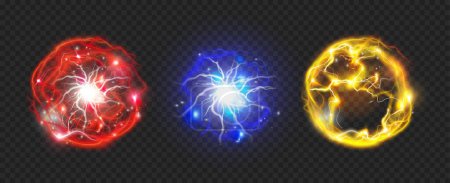 Illustration for Powerful electrical discharge, energy balls magical effect design elements. Vector isolated round spheres on transparent background. Thunderbolt and burst of glowing bright electricity flash - Royalty Free Image