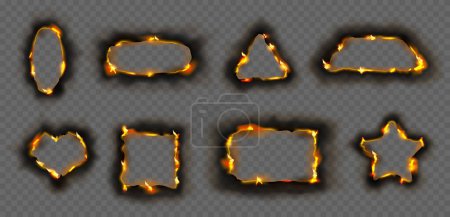 Illustration for Burning paper borders with fire, isolated geometric shapes with flame sheet. Vector ripped frames with torn pieces. Geometry triangle and rectangle, circle and oval, star and heart form - Royalty Free Image