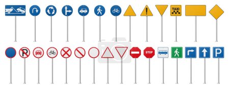 Illustration for Road signs, isolated realistic traffic boards with information and messages for drivers on street or highway. Vector bus and cycle zone, no entry, u turn and no parking, roundabout symbol - Royalty Free Image
