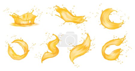 Ilustración de Salpicaduras de jugo o agua amarilla aisladas salpicaduras de jugo realistas. Conjunto vectorial de olas líquidas de cerveza que cae y fluye, zumo de naranja, mango o limón, aceite, soda o miel. Gotas jugosas - Imagen libre de derechos
