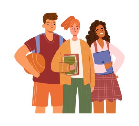 Illustration for Back to school, college students with book, laptop. Higher school pupil, girls and boy from university with basketball ball and textbooks. Study and education, diversity of school pupils - Royalty Free Image