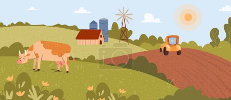 Téléchargez les illustrations : Paysage rural avec collines, herbe et vache. Illustration vectorielle de l'agriculture moderne, zone écologiquement propre avec ciel bleu et nuages. Village en été, tracteur sur le terrain pour les éco-produits - en licence libre de droit