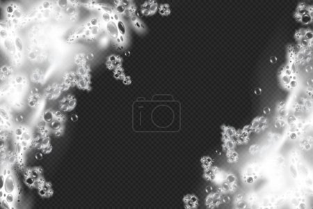 Illustration for Bubbly soapy water with bubbles and suds, realistic illustration. Soap or shampoo, cosmetics or shower gel water. Cleaning and washing texture of liquid with froth and drops design - Royalty Free Image