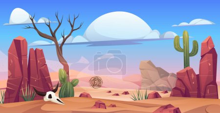 Ilustración de Paisaje desértico occidental con montañas, cactus y rocas, cráneo de animal. Escenario de dibujos animados vectoriales para la ubicación del juego, escena vacía con árbol seco y hierba, piedras y dunas de arenas - Imagen libre de derechos