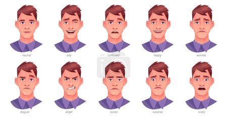 Ilustración de Expresiones faciales y emociones del personaje del hombre. Personaje aislado vectorial con caras tristes neutras y tontas, confusas y felices, preocupadas y disgustadas, enojadas y aburridas, sorpresas y aterradoras - Imagen libre de derechos