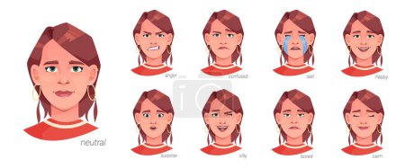Ilustración de Personaje femenino expresiones faciales y emociones. Vector aislado personaje plano de dibujos animados que muestra ira y confusión, tristeza y felicidad, calma y aburrido, cara de niña tonta y sorprendida - Imagen libre de derechos
