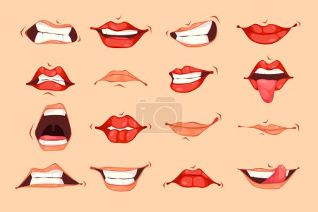 Illustration for Facial expression part, isolated mouths of personages and characters. Vector mimics and emotions, non verbal language. Smiling and showing tongue, feeling of sadness and anger, shouting - Royalty Free Image