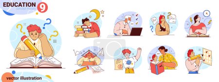 Illustration for Students of different age studying for test or exam. Vector isolated flat cartoon characters learning disciplines, reading books and preparing for examination. Writing essay and solving problems - Royalty Free Image