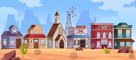 Illustration for City skyline, western town with wooden houses and rustic architecture. Vector cartoon landscape with buildings, rocks and cacti, sand dunes and desert atmosphere, wild west location for game - Royalty Free Image