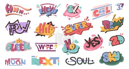 Illustration for Street art or graffiti, comic speech sound effects in creative style. Vector isolated icons for characters or murals. Hmm and hi, sky and bam, queen and wtf, poow and no, cool and hey decor - Royalty Free Image
