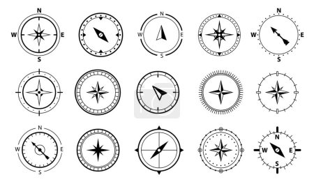 Illustration for Simple vintage or retro compasses showing directions. Vector isolated electronic device to determine cardinal direction. Navigation and location gadget, location and map decor, wind rose - Royalty Free Image