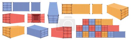 Illustration for Freight or cargo container. Vector isolated flat cartoon, shipping boxes for transportation and shipment of orders with ships and vehicles. Intermodal steel storage with closed and open doors - Royalty Free Image