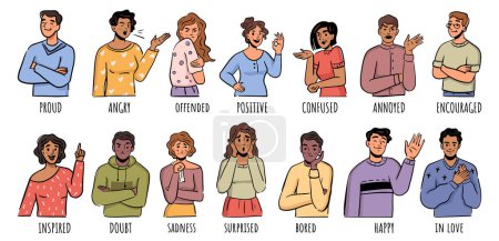 Personages expressing emotions and feelings with gesture, poses and mimic. Vector flat cartoon characters, men and women. Proud and angry, offended or positive, confused or annoyed, bored or happy