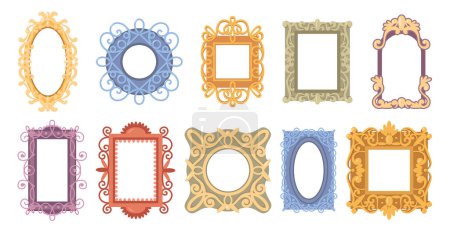 Illustration for Picture or mirror frames, isolated vintage or retro wooden framing with carvings and swirls. Vector flat cartoon, oval and rectangular shape, circle and square decor, interior design element - Royalty Free Image