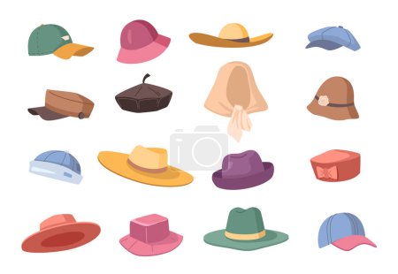 Illustration for Variety of hats and caps for summer and spring. Vector flat cartoon, isolated collection of headgear for men and women. Modern and vintage retro models for boys and girls, stylish accessories - Royalty Free Image
