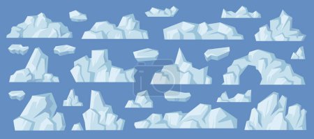Téléchargez les illustrations : Vue latérale des icebergs, formation isolée de roches arctiques avec glace et glaçons, neige et masses neigeuses. Dessin animé vectoriel plat, morceau de glace d'eau douce vue de côté. Conception pour paysage marin ou océanique - en licence libre de droit